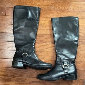 me too Black Leather Knee Boots with Decorative Buckle